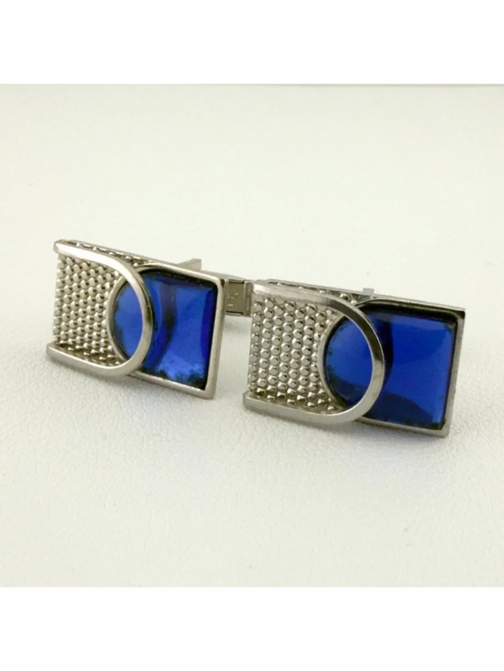 Vintage Rectangular Silver Tone Cufflinks With Blue Glass Accent